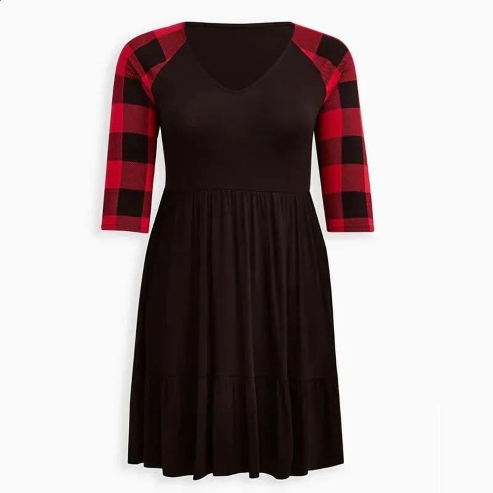 Plaid Sleeve Black Dress